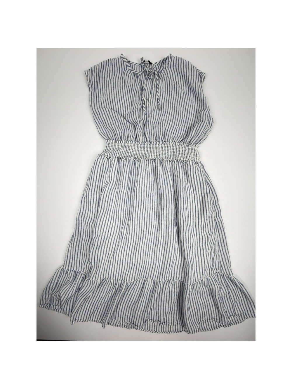 Rails Ashlyn Fremont Stripe Linen Blend Dress Blue White Smocked Waist Ruffle